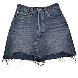 Levi’s faded black 5-pocket mini denim skirt, 24, Button Fly, Raw Edge Hem, Soft